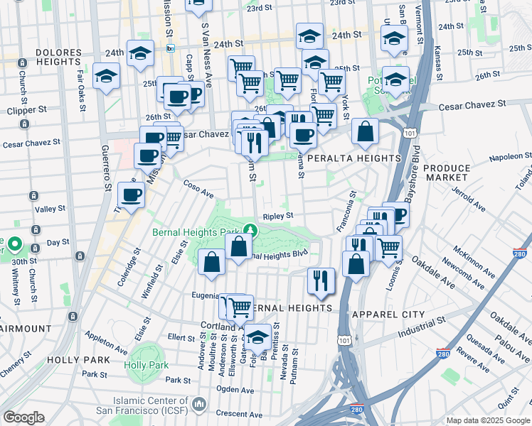 map of restaurants, bars, coffee shops, grocery stores, and more near 115 Ripley Street in San Francisco