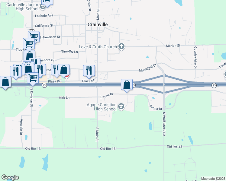 map of restaurants, bars, coffee shops, grocery stores, and more near 1208 Donna Drive in Carterville