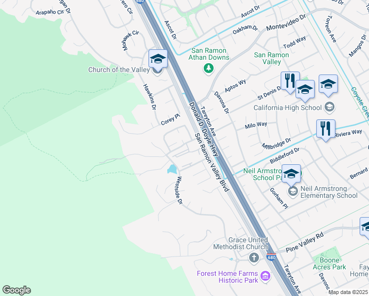 map of restaurants, bars, coffee shops, grocery stores, and more near 130 Sutter Creek Lane in San Ramon