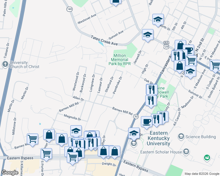 map of restaurants, bars, coffee shops, grocery stores, and more near 210 Stratford Drive in Richmond