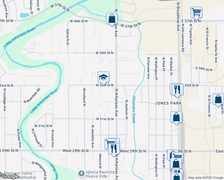 map of restaurants, bars, coffee shops, grocery stores, and more near 3347 North Arkansas in Wichita