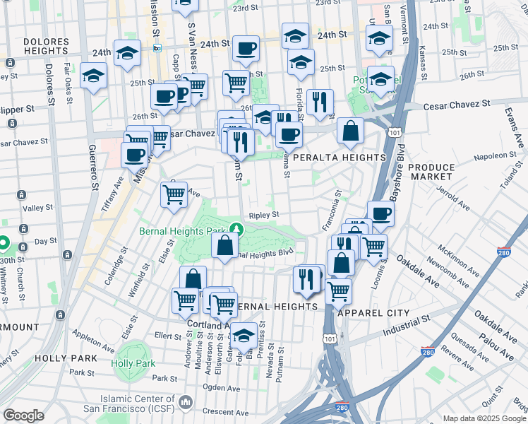 map of restaurants, bars, coffee shops, grocery stores, and more near 145 Ripley Street in San Francisco
