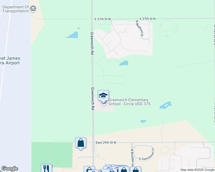 map of restaurants, bars, coffee shops, grocery stores, and more near 3136-3180 North Greenwich Road in Wichita