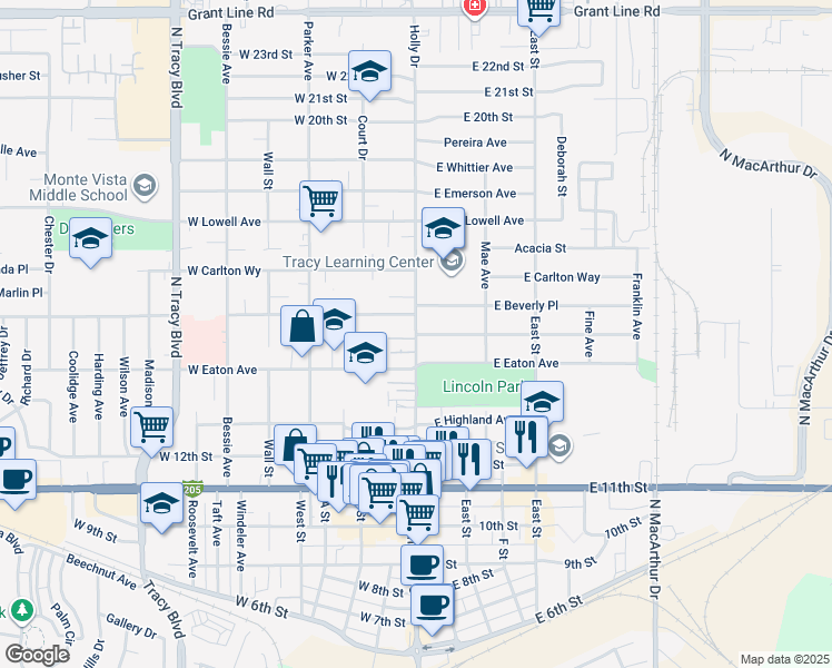 map of restaurants, bars, coffee shops, grocery stores, and more near 1469 Holly Drive in Tracy