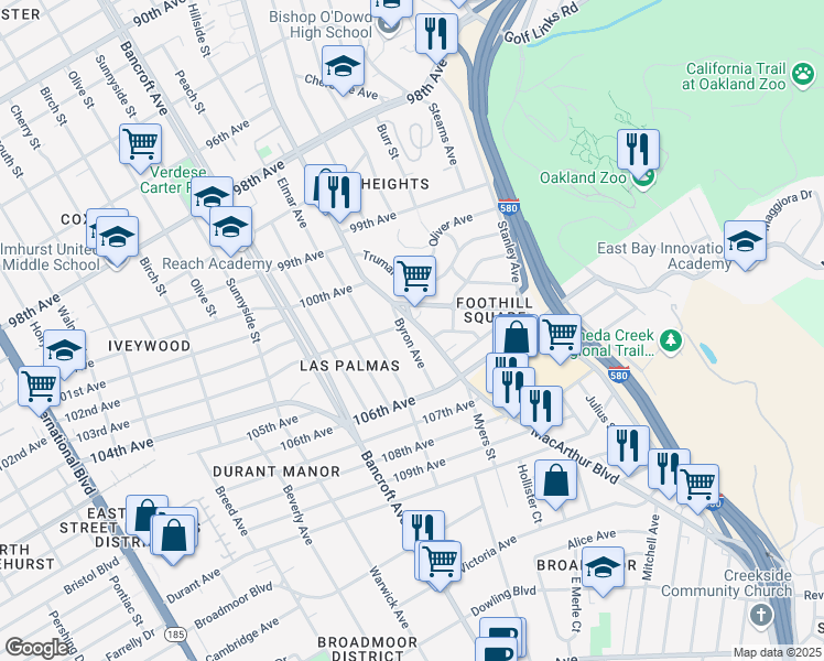 map of restaurants, bars, coffee shops, grocery stores, and more near 10245 MacArthur Boulevard in Oakland