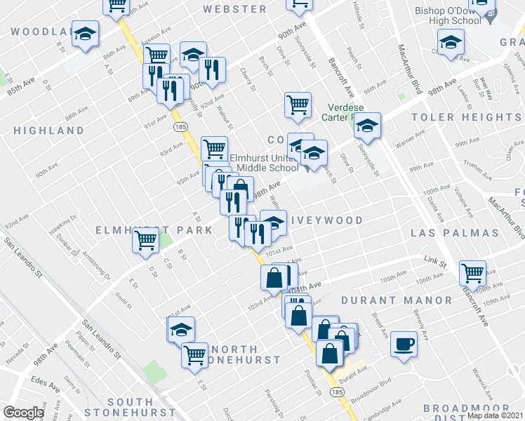 map of restaurants, bars, coffee shops, grocery stores, and more near in Oakland