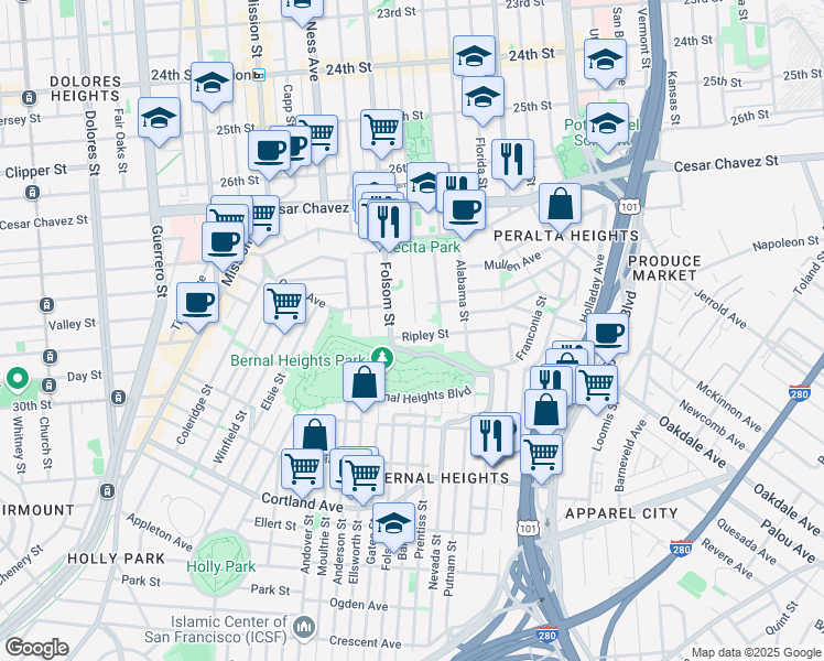 map of restaurants, bars, coffee shops, grocery stores, and more near 145 Ripley Street in San Francisco