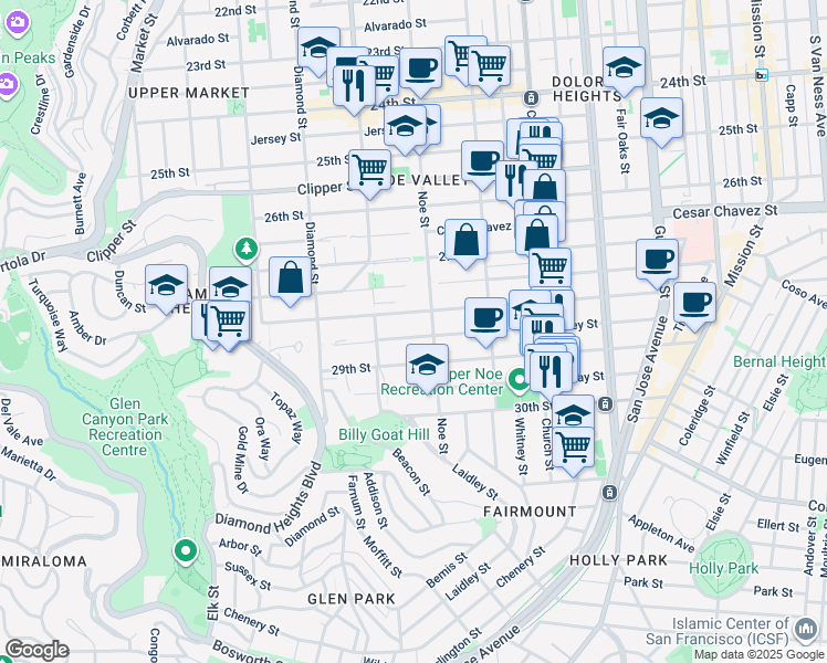 map of restaurants, bars, coffee shops, grocery stores, and more near 1536 Noe Street in San Francisco