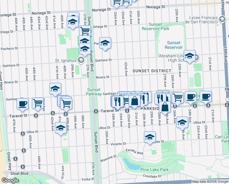 map of restaurants, bars, coffee shops, grocery stores, and more near 2232 Santiago Street in San Francisco