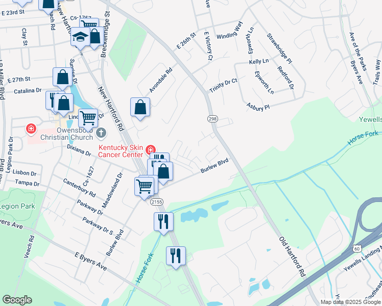 map of restaurants, bars, coffee shops, grocery stores, and more near 1330 Bowie Trail in Owensboro