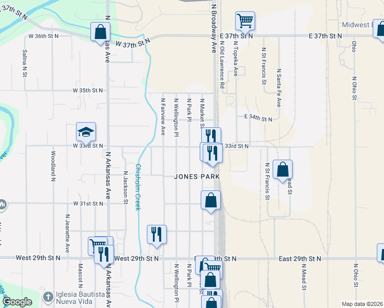 map of restaurants, bars, coffee shops, grocery stores, and more near 3358 N Park Pl in Wichita
