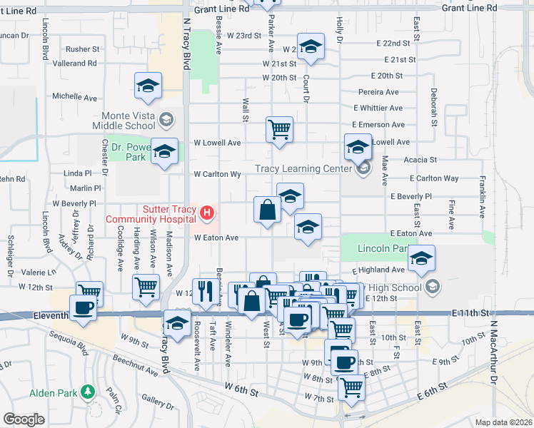 map of restaurants, bars, coffee shops, grocery stores, and more near 1470 Parker Avenue in Tracy