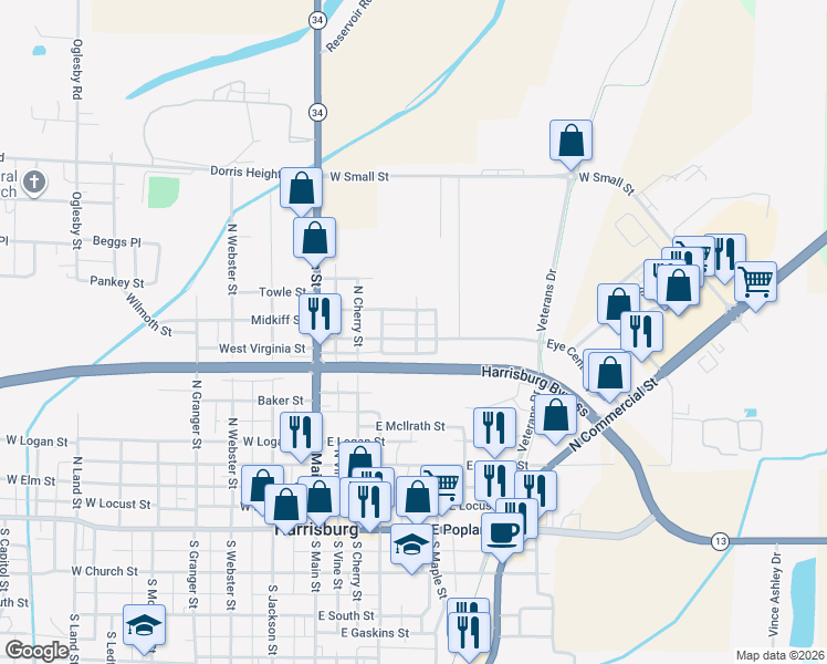 map of restaurants, bars, coffee shops, grocery stores, and more near 400 East Ford Street in Harrisburg