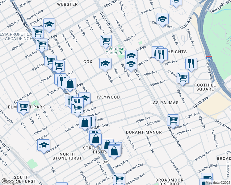 map of restaurants, bars, coffee shops, grocery stores, and more near 1839 100th Avenue in Oakland