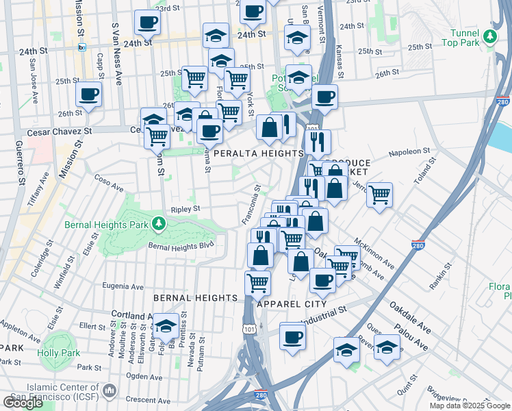 map of restaurants, bars, coffee shops, grocery stores, and more near 329 Franconia Street in San Francisco