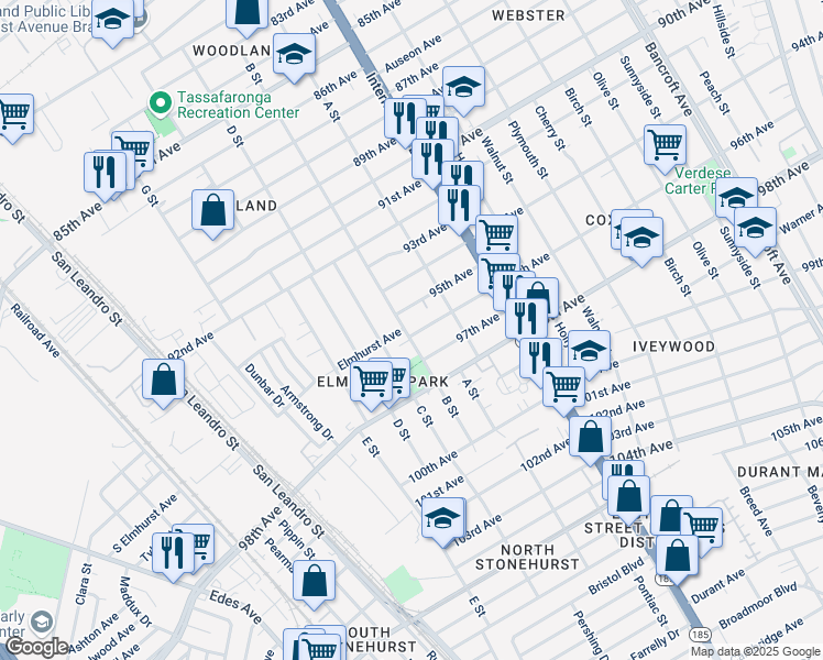 map of restaurants, bars, coffee shops, grocery stores, and more near 9534 B Street in Oakland