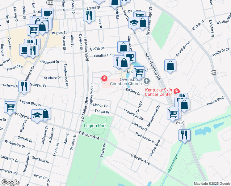 map of restaurants, bars, coffee shops, grocery stores, and more near 28 Dixiana Court in Owensboro
