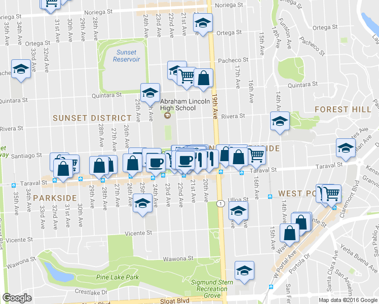 map of restaurants, bars, coffee shops, grocery stores, and more near 2317 21st Avenue in San Francisco