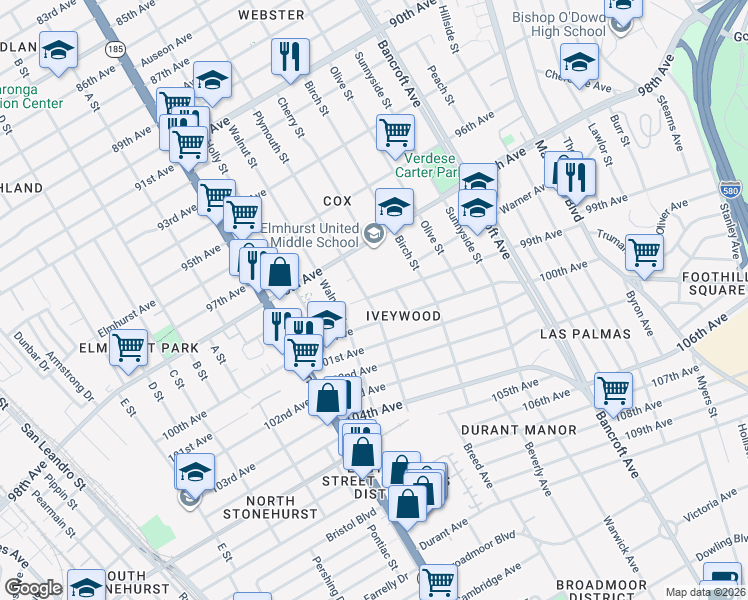 map of restaurants, bars, coffee shops, grocery stores, and more near 9900 Plymouth Street in Oakland