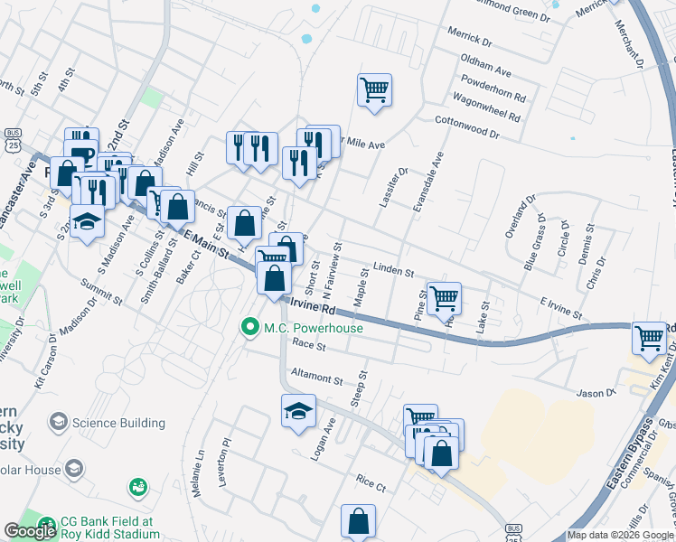map of restaurants, bars, coffee shops, grocery stores, and more near 131 North Fairview Street in Richmond