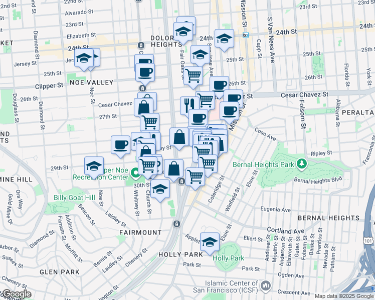 map of restaurants, bars, coffee shops, grocery stores, and more near 97 Valley Street in San Francisco