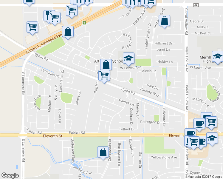 map of restaurants, bars, coffee shops, grocery stores, and more near 2590 Byron Road in Tracy