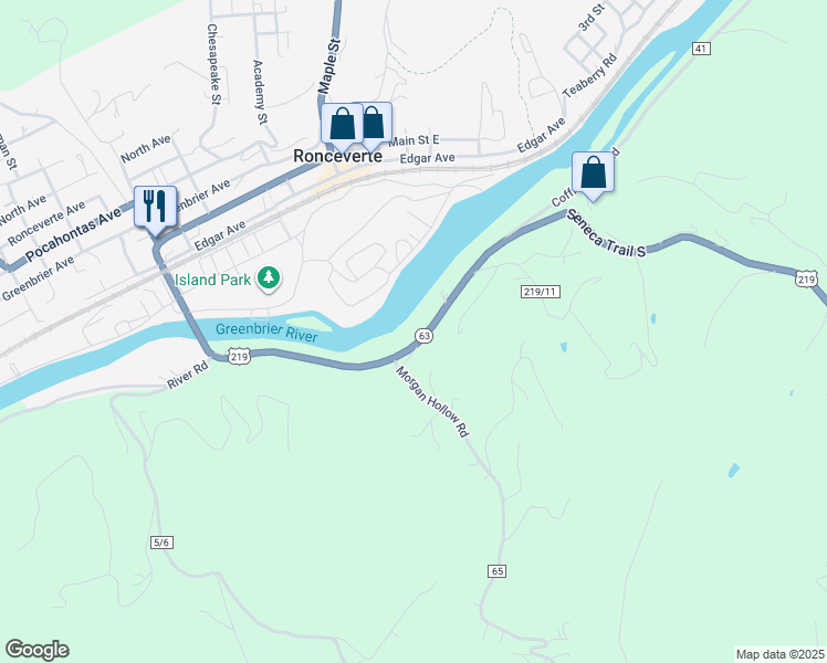 map of restaurants, bars, coffee shops, grocery stores, and more near 6084 Seneca Trail South in Ronceverte