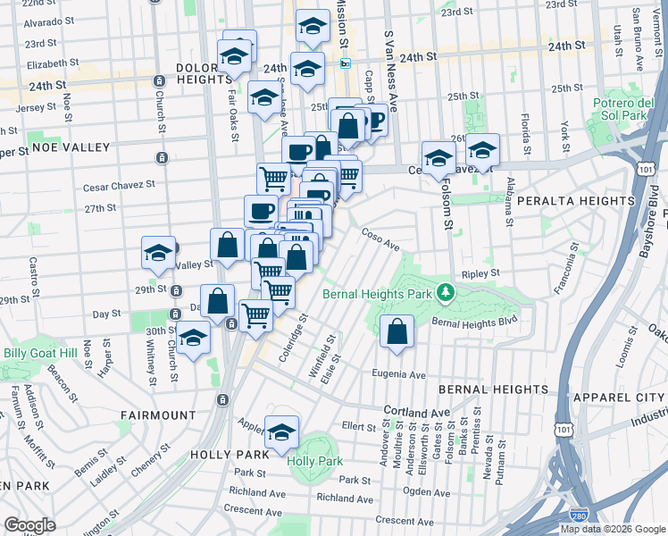 map of restaurants, bars, coffee shops, grocery stores, and more near in San Francisco