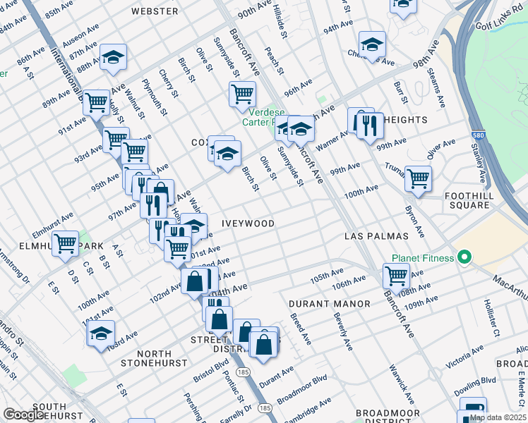 map of restaurants, bars, coffee shops, grocery stores, and more near 1839 100th Avenue in Oakland