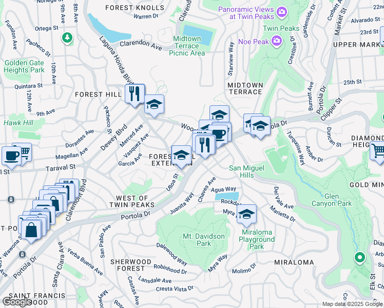 map of restaurants, bars, coffee shops, grocery stores, and more near Ulloa St & Sydney Way in San Francisco
