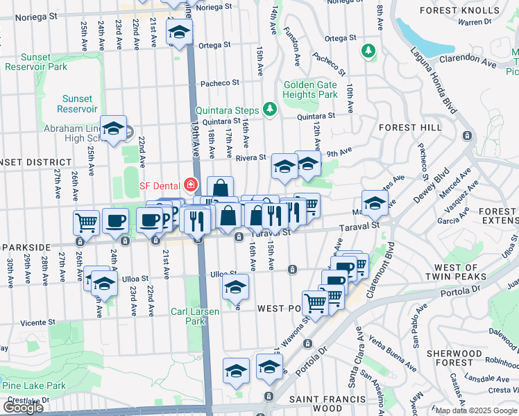 map of restaurants, bars, coffee shops, grocery stores, and more near 2330 Cecilia Avenue in San Francisco