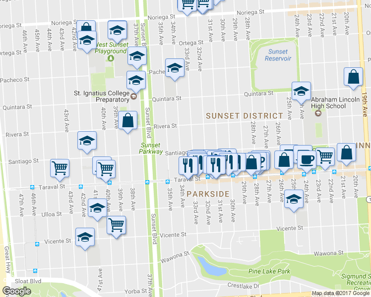 map of restaurants, bars, coffee shops, grocery stores, and more near 2232 Santiago Street in San Francisco