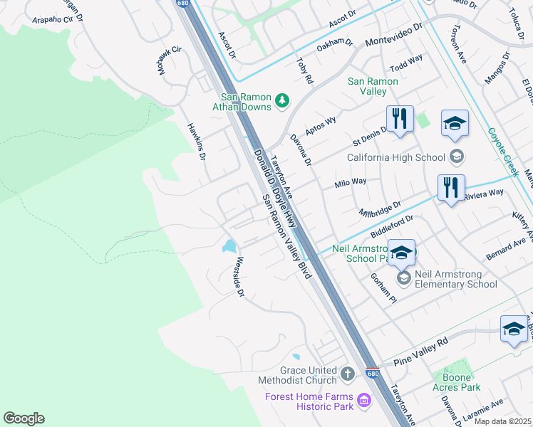 map of restaurants, bars, coffee shops, grocery stores, and more near 19251 San Ramon Valley Boulevard in San Ramon