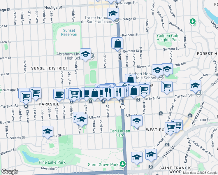 map of restaurants, bars, coffee shops, grocery stores, and more near 2317 21st Avenue in San Francisco