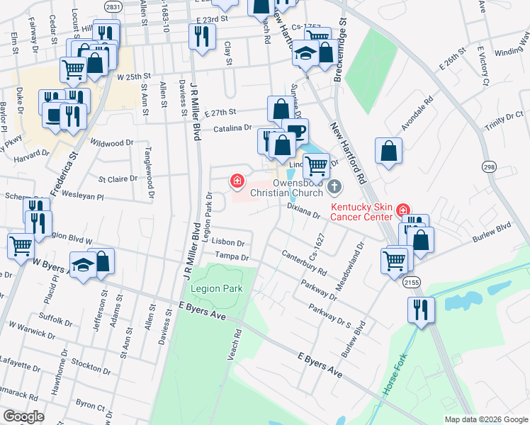 map of restaurants, bars, coffee shops, grocery stores, and more near 2920 Veach Road in Owensboro