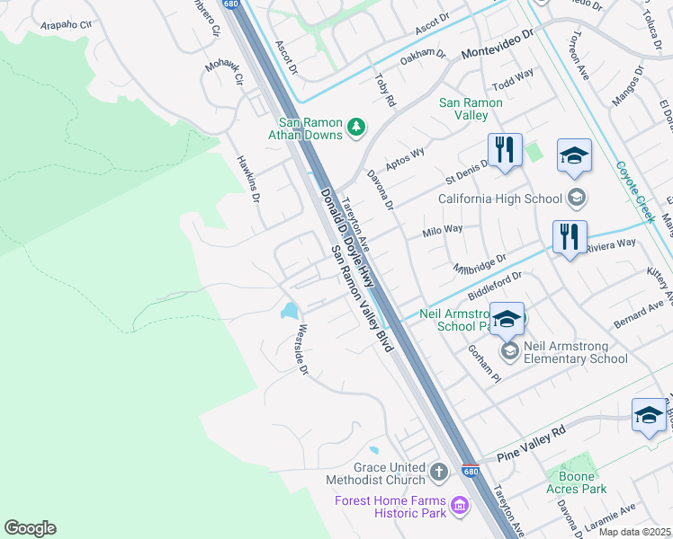 map of restaurants, bars, coffee shops, grocery stores, and more near 1430 Sutter Creek Lane in San Ramon
