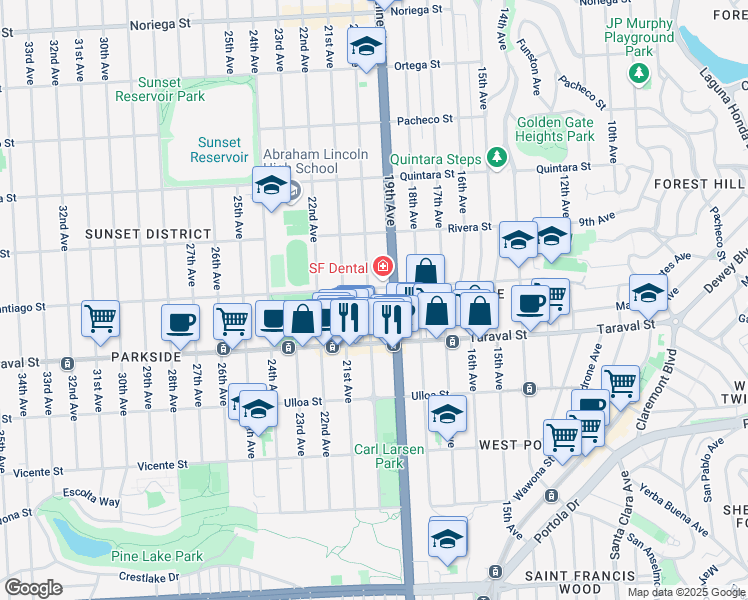 map of restaurants, bars, coffee shops, grocery stores, and more near 2316 20th Avenue in San Francisco
