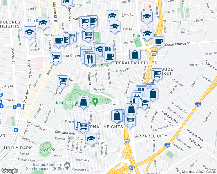 map of restaurants, bars, coffee shops, grocery stores, and more near 1760 Alabama Street in San Francisco