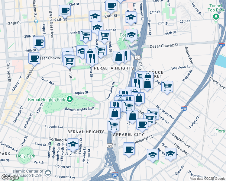 map of restaurants, bars, coffee shops, grocery stores, and more near 335 Franconia Street in San Francisco