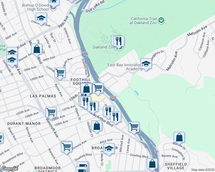 map of restaurants, bars, coffee shops, grocery stores, and more near 2947 Barrett St in Oakland