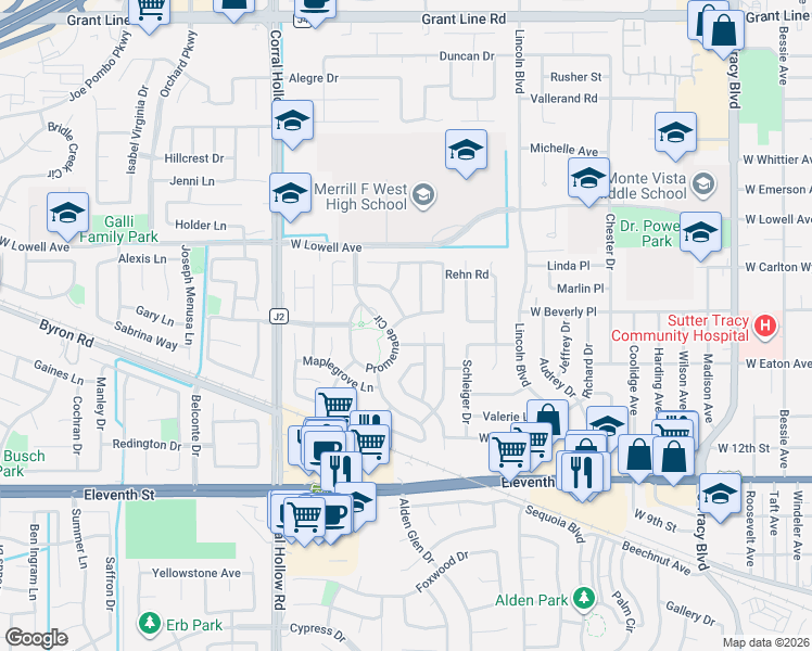 map of restaurants, bars, coffee shops, grocery stores, and more near 1493 Evergreen Court in Tracy