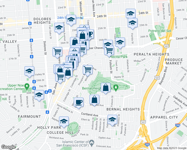 map of restaurants, bars, coffee shops, grocery stores, and more near 35 Elsie Street in San Francisco