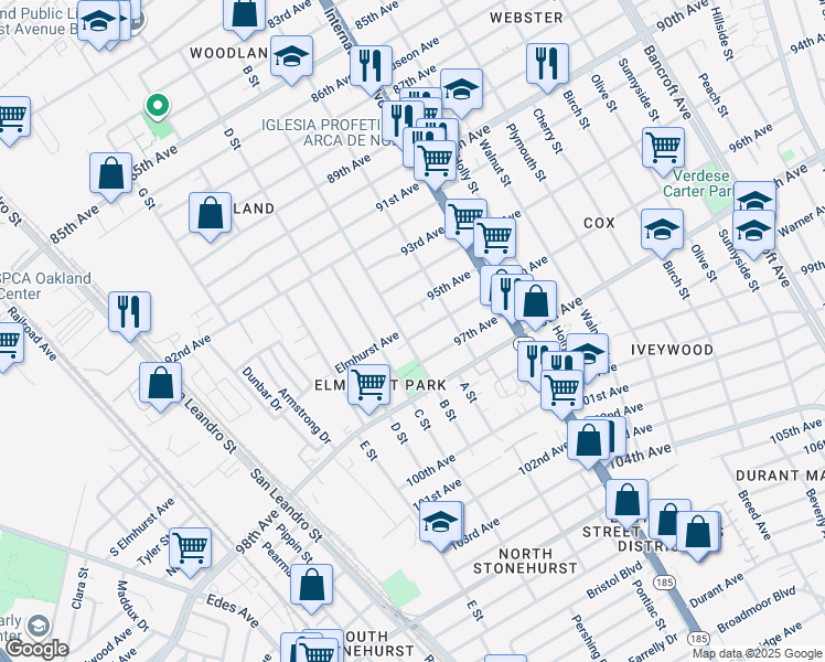 map of restaurants, bars, coffee shops, grocery stores, and more near 1211 96th Avenue in Oakland