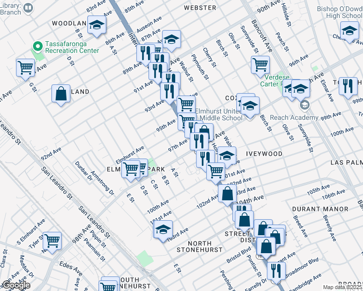 map of restaurants, bars, coffee shops, grocery stores, and more near 1322 97th Avenue in Oakland