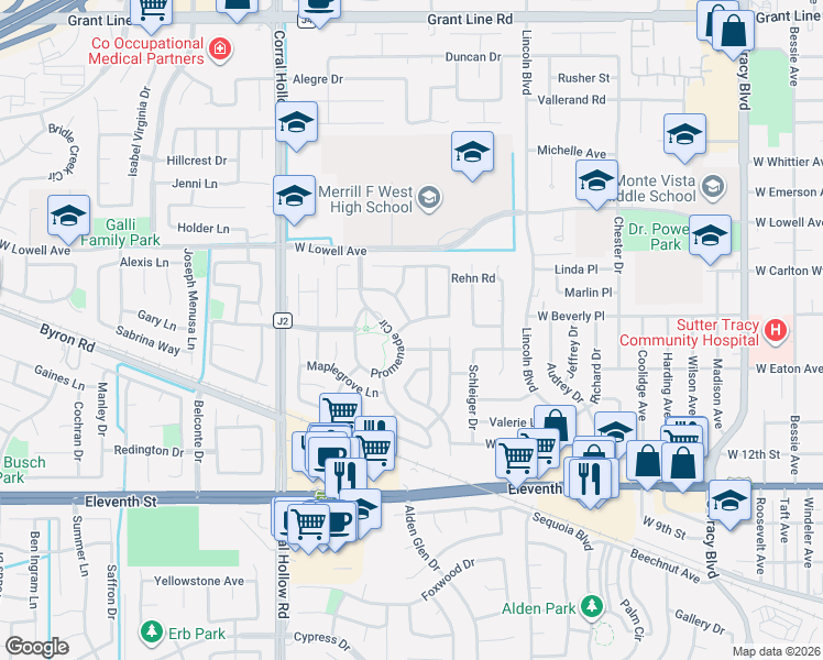 map of restaurants, bars, coffee shops, grocery stores, and more near 1493 Evergreen Court in Tracy