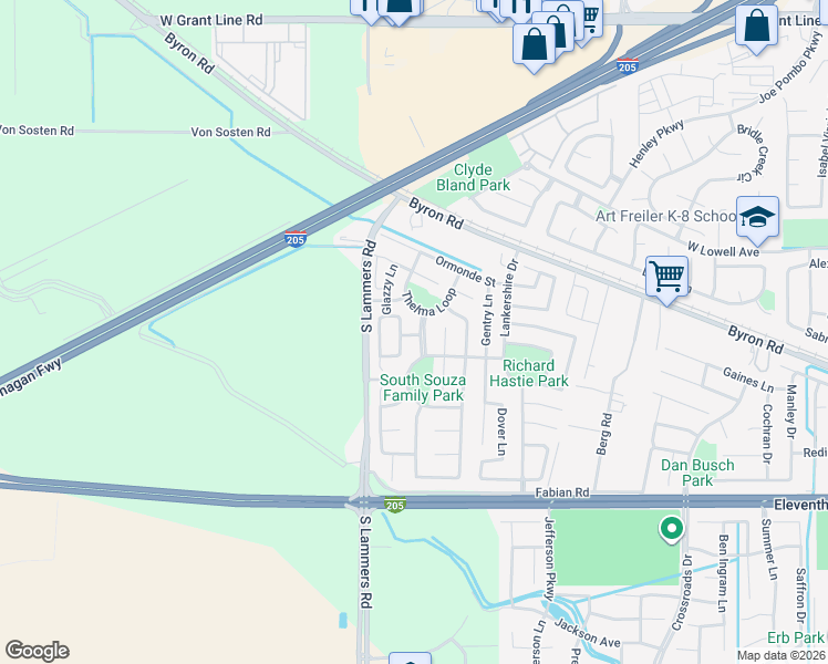 map of restaurants, bars, coffee shops, grocery stores, and more near 1463 Souza Parkway in Tracy