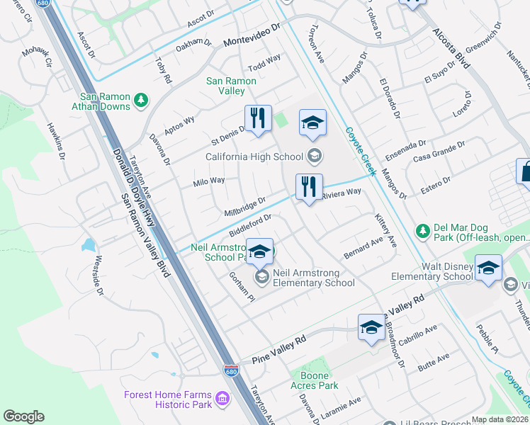 map of restaurants, bars, coffee shops, grocery stores, and more near 2913 Biddleford Dr in San Ramon