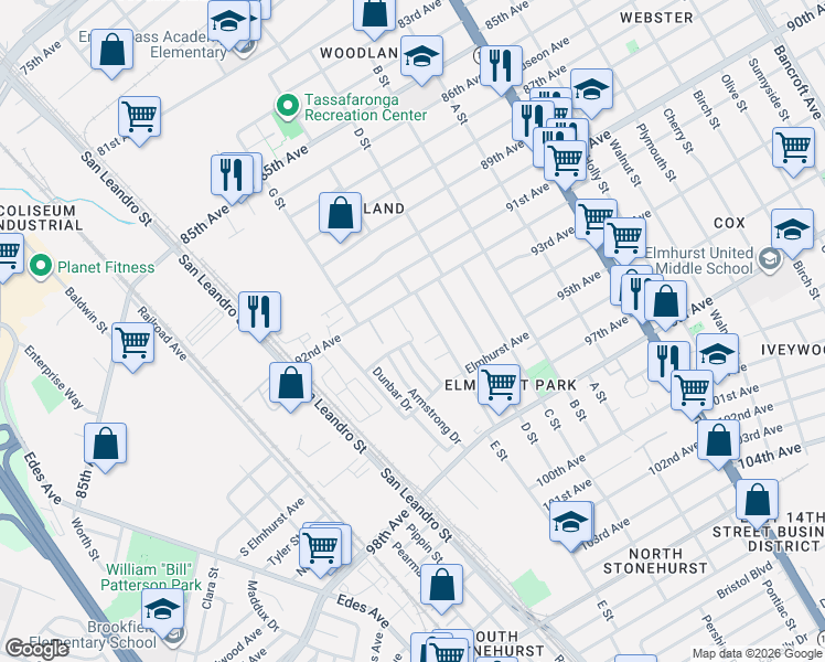 map of restaurants, bars, coffee shops, grocery stores, and more near 1015 94th Avenue in Oakland