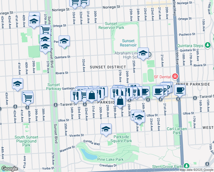 map of restaurants, bars, coffee shops, grocery stores, and more near 1818 Santiago Street in San Francisco