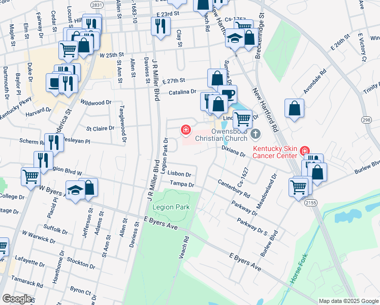 map of restaurants, bars, coffee shops, grocery stores, and more near 2900 Dixiana Court in Owensboro